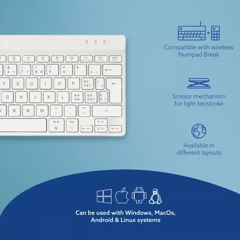R-Go Tools teclado ergonómico R-Go Compact Break, teclado compacto con software de pausas, QWERTZ (CH), Bluetooth, blanco