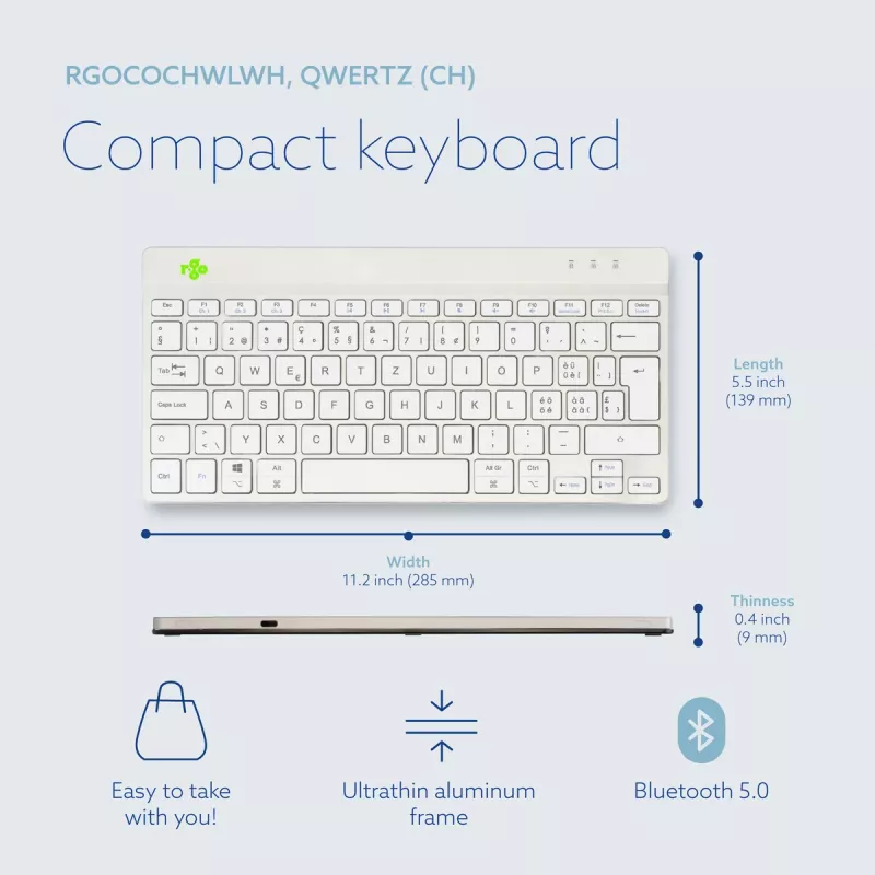 R-Go Tools teclado ergonómico R-Go Compact Break, teclado compacto con software de pausas, QWERTZ (CH), Bluetooth, blanco
