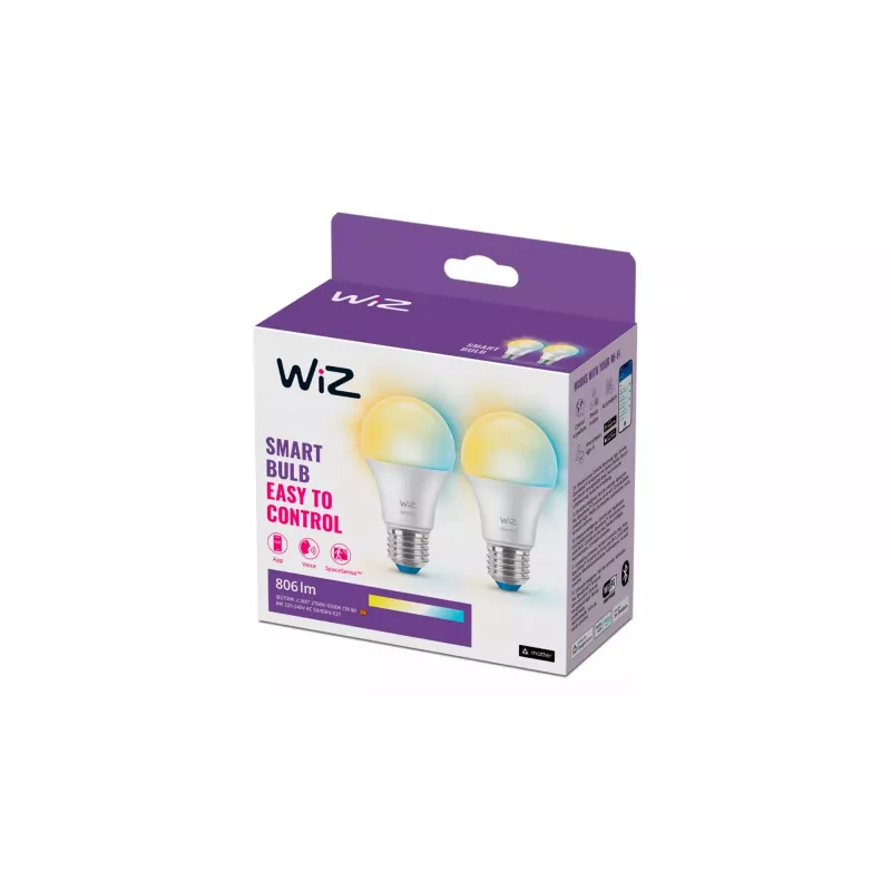 WiZ Bulb 60W A60 E27 x2, lámpara inteligente, Wi-Fi/Bluetooth, blanco, Wi-Fi 4 (802.11n), 802.11b, 802.11g, LED, E27