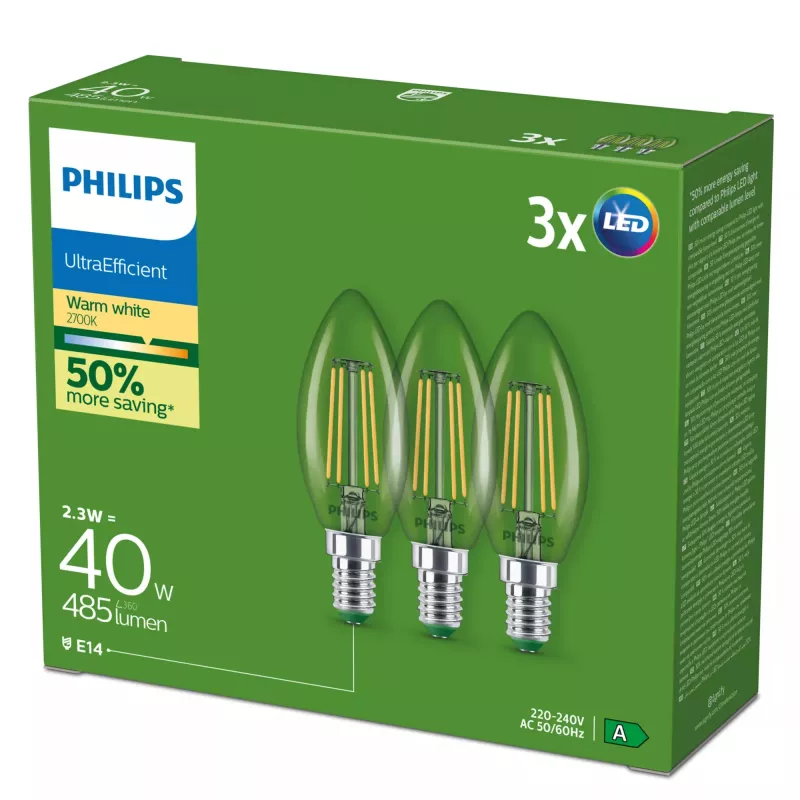 Philips Filament Candle Clear 40 W B35 E14 x3, 2,3 W, 40 W, E14, 485 lm, 50000 h, blanco cálido