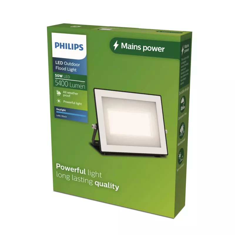 Aplique de exterior Philips Lois 50W LED, carcasa de metal negra, 220–240V, LED no reemplazable