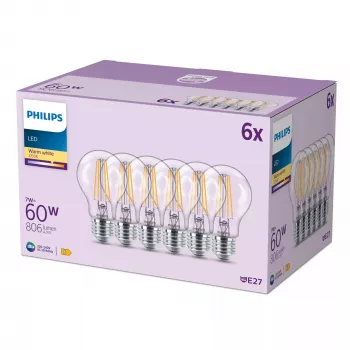 Bombilla incandescente de filamento Philips clara 60 W A60 E27 x6, 7 W, 60 W, E27, 806 lm, 15000 h
