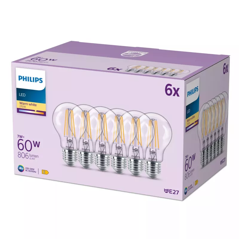 Bombilla incandescente de filamento Philips clara 60 W A60 E27 x6, 7 W, 60 W, E27, 806 lm, 15000 h