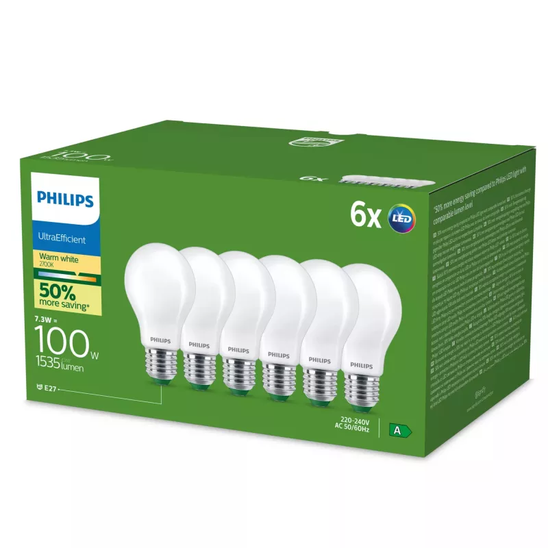 Philips Ultra Efficient lámpara LED E27 A60, 7,3 W (equivalente a 100 W), 2700 K, pack de 6