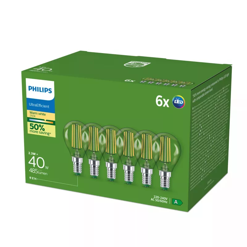 Philips Ultra Efficient lámpara LED E14 P45, 2,1 W (equivalente a 40 W), 2700 K, pack de 6