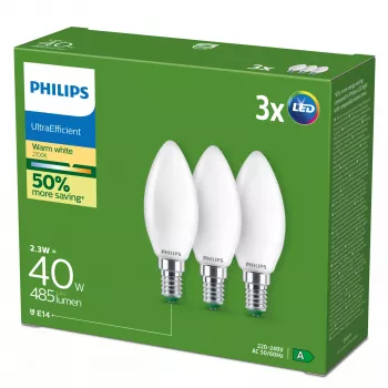Philips Ultra Efficient lámpara LED E14 B35, 2,1 W (equivalente a 40 W), 2700 K, pack de 3