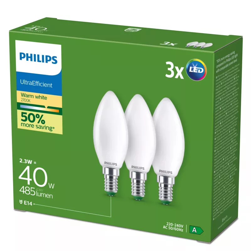 Philips Ultra Efficient lámpara LED E14 B35, 2,1 W (equivalente a 40 W), 2700 K, pack de 3