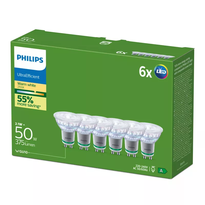 Philips Ultra Efficient lámpara LED GU10, 2,1 W (equivalente a 50 W), 2700 K, 36 grados, pack de 6
