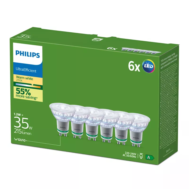 Philips Ultra Efficient lámpara LED GU10, equivalente a 35 W, 2700 K, 36 grados, pack de 6