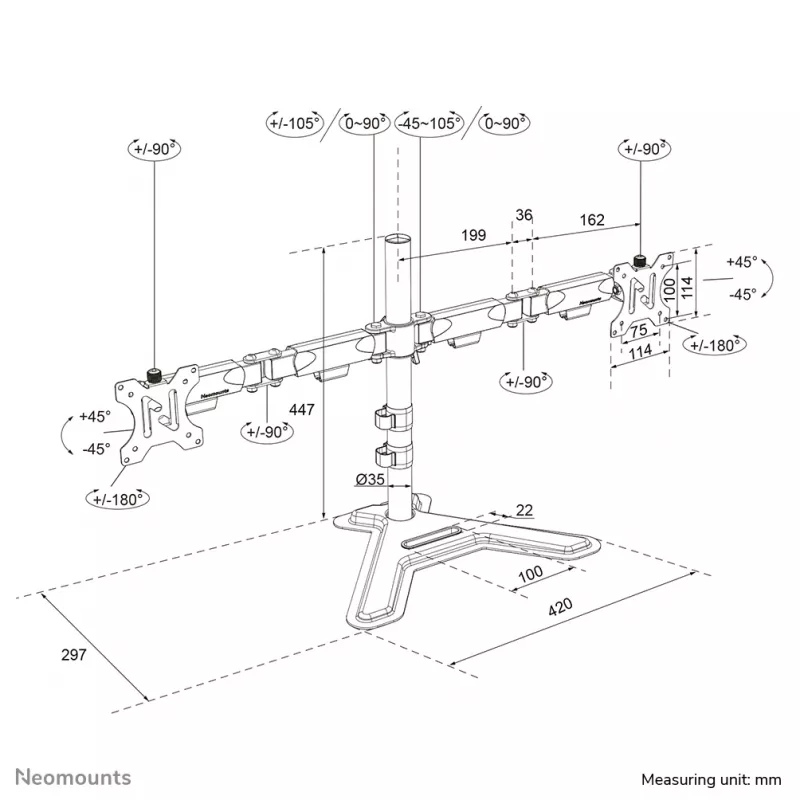 Soporte de doble monitor Neomounts DS45-600BL2 para pantallas de 10–32 inch, compatible con 2 pantallas, máx. 6 kg, VESA 75x75–100x100, de sobremesa, negro