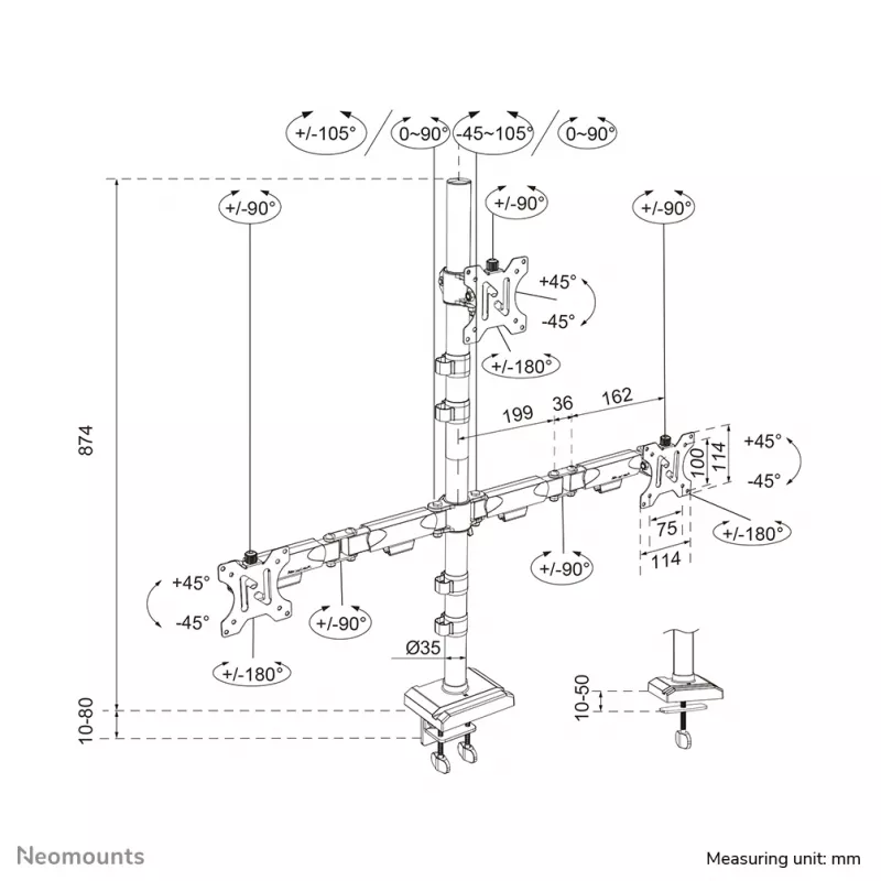 Brazo de triple monitor Neomounts DS60-600BL2-1 25,4–81,3 cm (10–32 inch), pinza de mesa/pasacables de mesa, 9 kg, 25,4 cm (10 inch), 81,3 cm (32 inch), 100 x 100 mm, negro