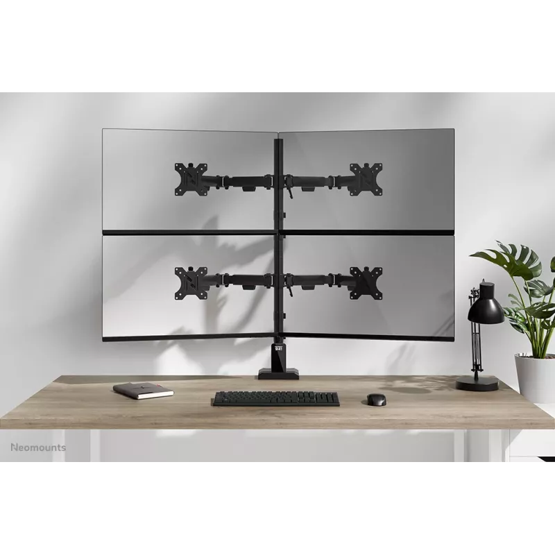 Brazo de cuádruple monitor Neomounts DS60-600BL2-2 para pantallas de 10–32 inch, VESA 75x75–100x100, capacidad de carga máx. 8 kg, pinza/pasacables de mesa, negro