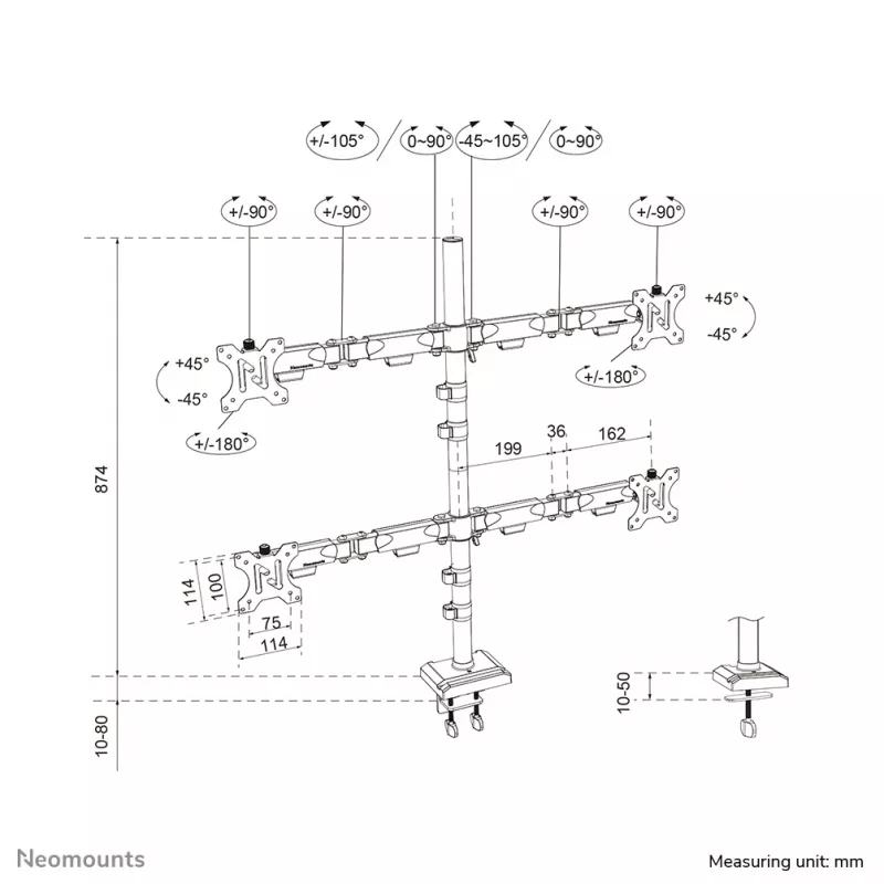 Brazo de cuádruple monitor Neomounts DS60-600BL2-2 para pantallas de 10–32 inch, VESA 75x75–100x100, capacidad de carga máx. 8 kg, pinza/pasacables de mesa, negro