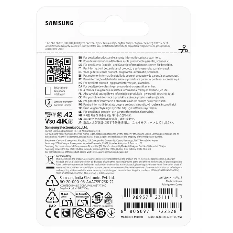 Tarjeta microSD Samsung T7, 1 TB, MicroSDXC, UHS-I, 170 MB/s, Clase 3 (U3), V30