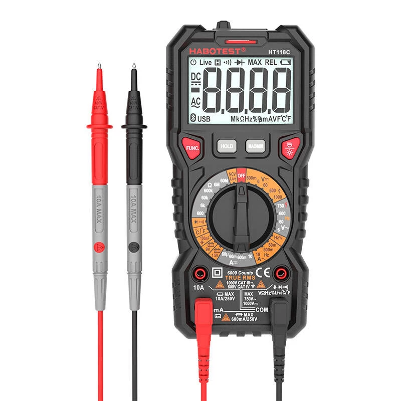 Multímetro digital con linterna Habotest HT118C, True RMS, NCV, comprobador de baterías