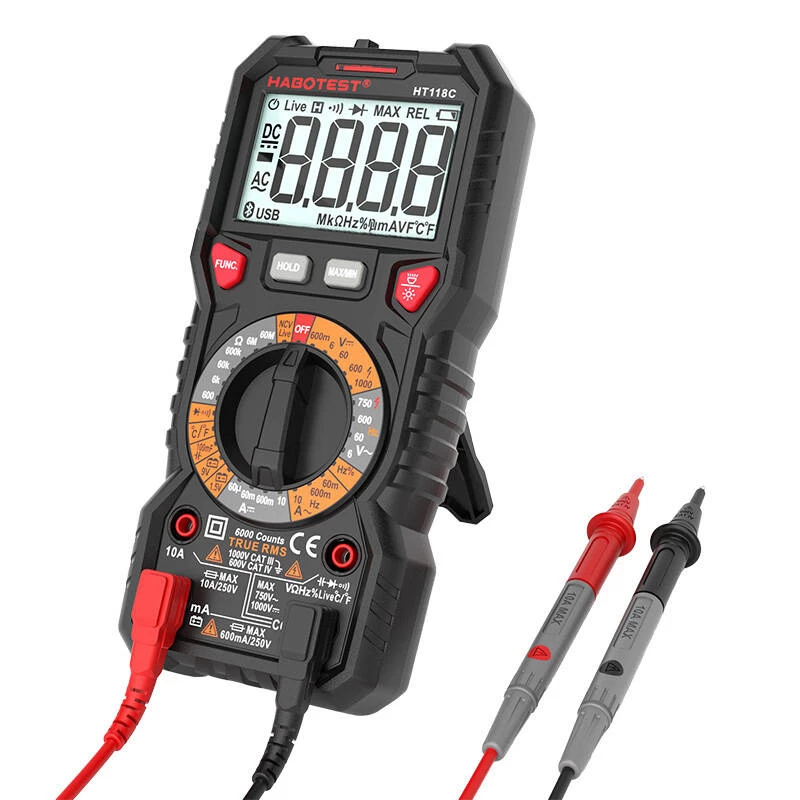 Multímetro digital con linterna Habotest HT118C, True RMS, NCV, comprobador de baterías