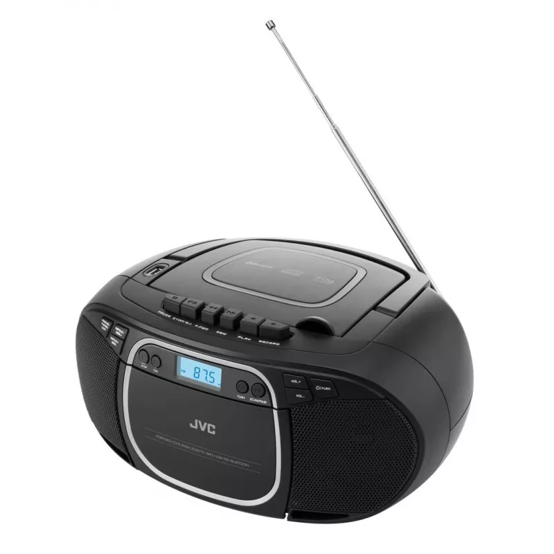 Reproductor de CD portátil JVC RC-E451B negro — CD/MP3, Bluetooth, FM 87,5–108 MHz, USB, AUX, 3,2 W RMS