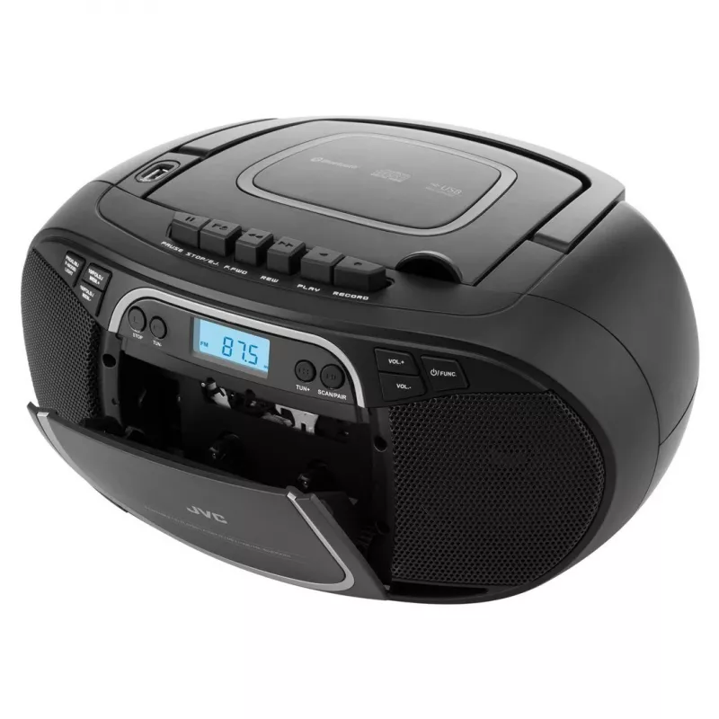 Reproductor de CD portátil JVC RC-E451B negro — CD/MP3, Bluetooth, FM 87,5–108 MHz, USB, AUX, 3,2 W RMS