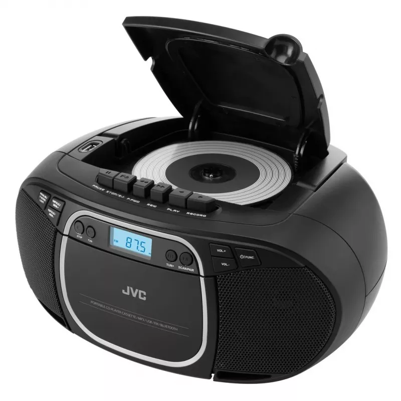 Reproductor de CD portátil JVC RC-E451B negro — CD/MP3, Bluetooth, FM 87,5–108 MHz, USB, AUX, 3,2 W RMS