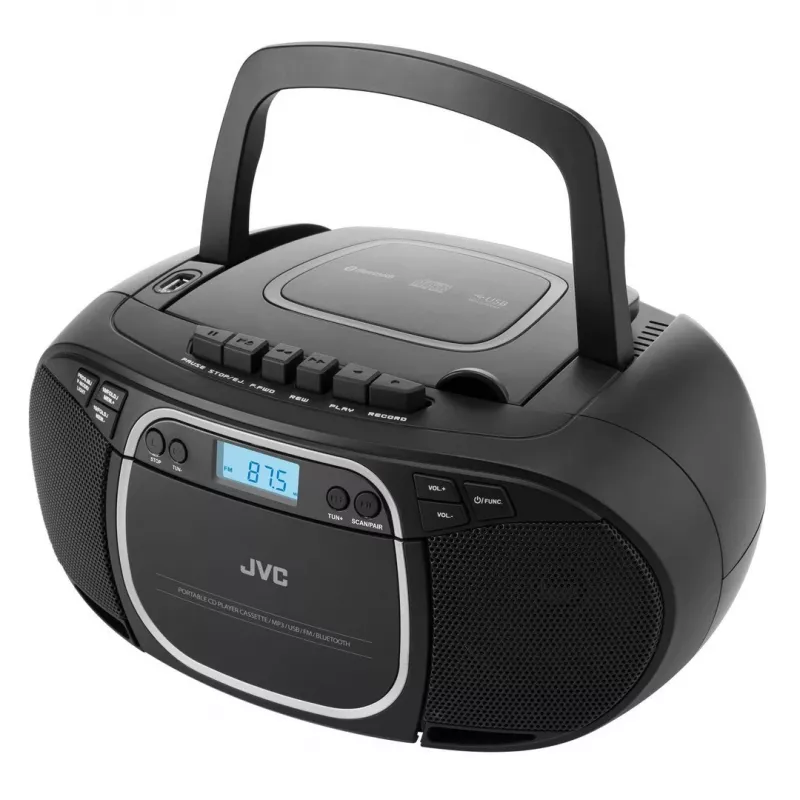 Reproductor de CD portátil JVC RC-E451B negro — CD/MP3, Bluetooth, FM 87,5–108 MHz, USB, AUX, 3,2 W RMS