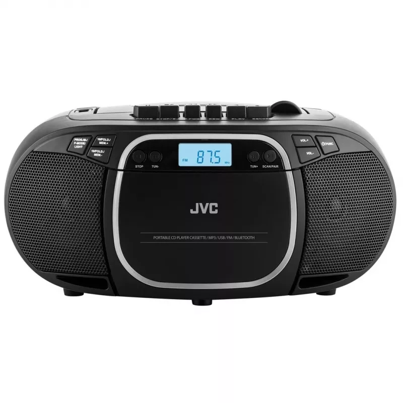 Reproductor de CD portátil JVC RC-E451B negro — CD/MP3, Bluetooth, FM 87,5–108 MHz, USB, AUX, 3,2 W RMS