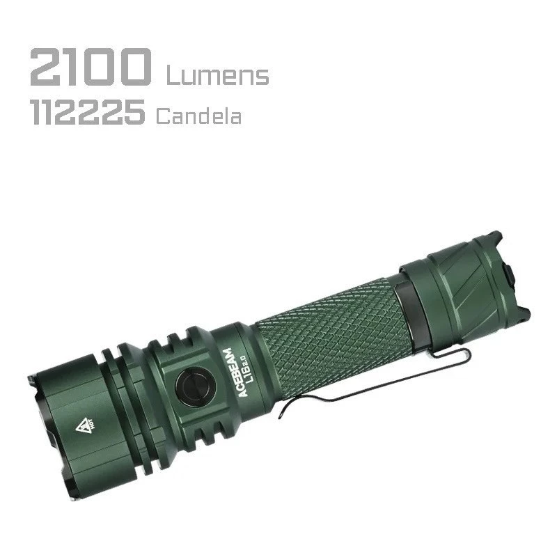 Linterna de mano AceBeam L16 2.0 verde — batería de litio 21700 recargable, 5000 mAh, hasta 2100 lm, IP68, 7 niveles de potencia
