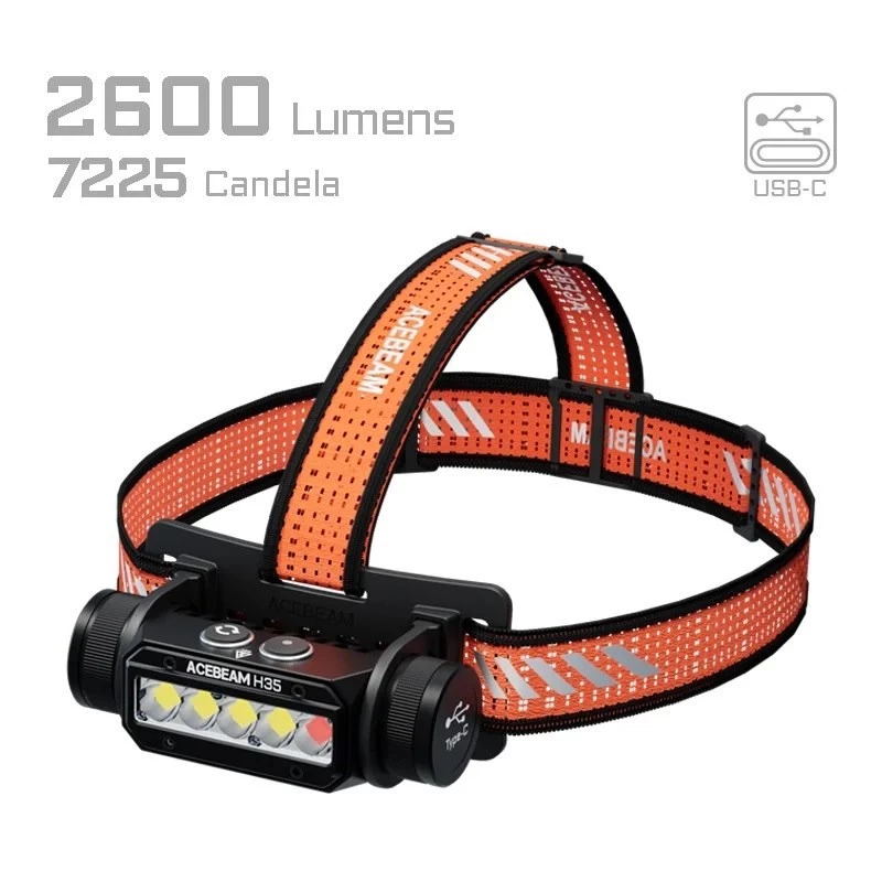 Linterna frontal AceBeam H35 — linterna LED frontal, máx. 2600 lm, alcance de 170 m, IP68, 18650 3800 mAh, 216 h de autonomía