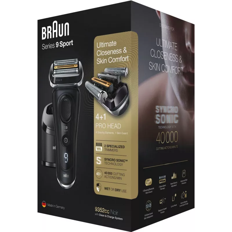Afeitadora de láminas Braun Series 9 9352cc Sport con recortadora negra gris