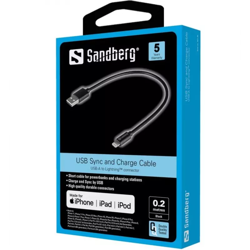 SANDBERG adaptador Lightning - USB macho a Lightning macho - 20 cm - negro - para Apple iPad/iPhone/iPod (Lightning)