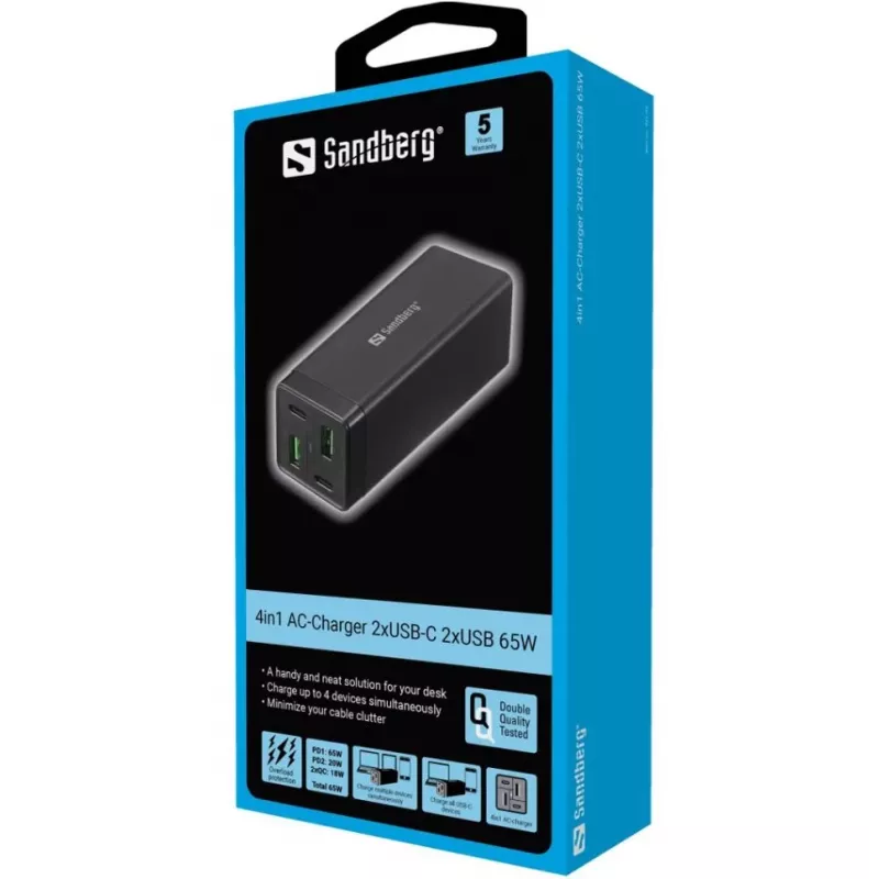 SANDBERG fuente de alimentación - 65 W - 3,25 A - PD, QC - 4 puertos de salida (2 x USB, 2 x USB-C)