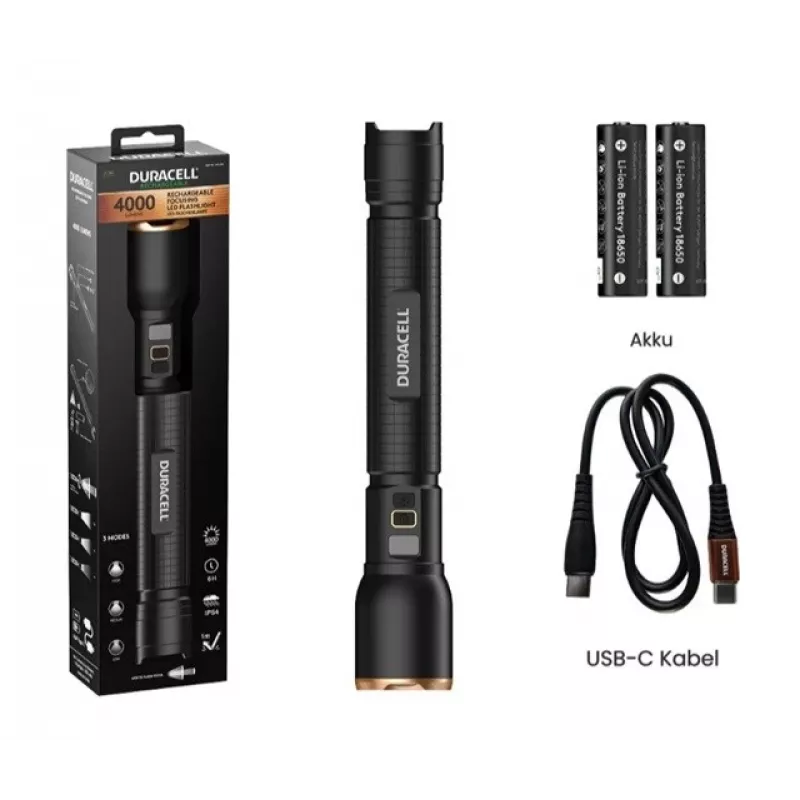 Linterna Duracell DF4000R negra – linterna de mano recargable, diseño compacto
