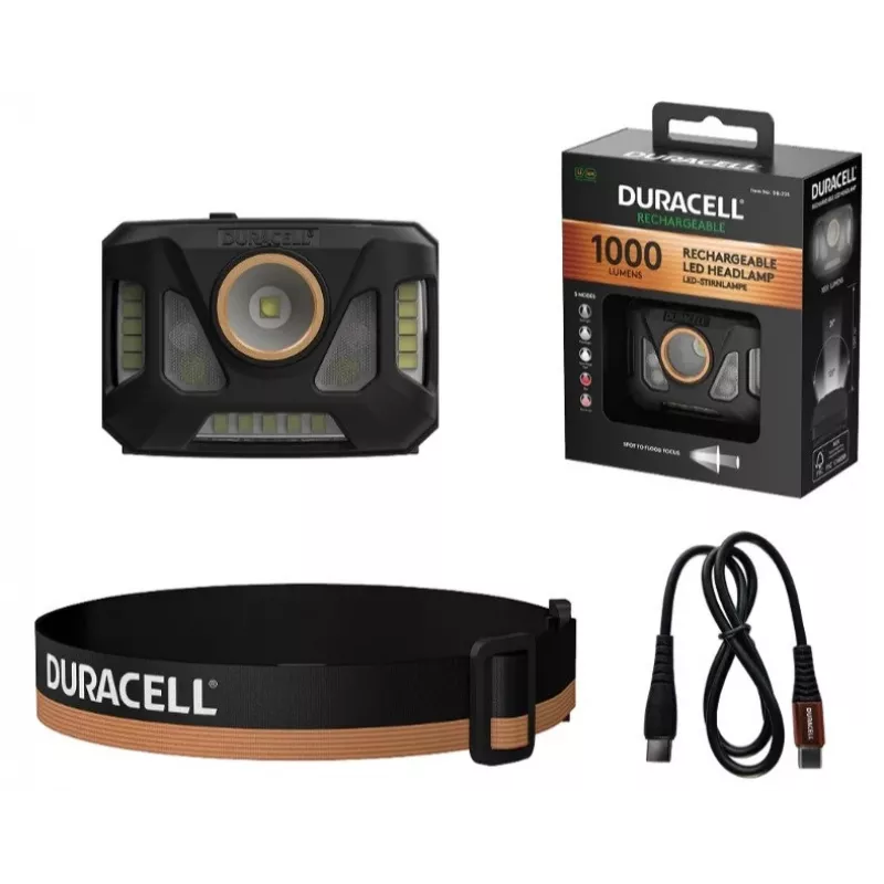 Linterna frontal Duracell DH1000R — negra/naranja, luz manos libres recargable