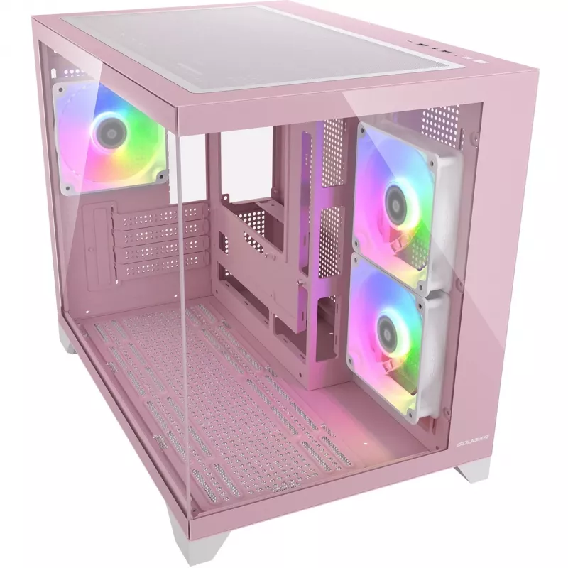 Caja de PC mini torre Cougar FV150 ARGB – Rosa, compatible con 2 ventiladores laterales de 120/140 mm, 1 trasero de 120 mm, HDD de 2,5 inch/3,5 inch, 285×435×365 mm
