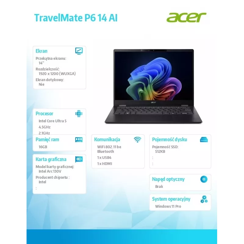 Portátil Acer TravelMate P6 14 AI TMP614-54T con Intel Ultra 5, 16 GB RAM, 512 GB SSD, Windows 11 Pro, batería 226-V