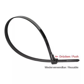 Brida reutilizable 150 mm x 7,2 mm, negra, resistente a los rayos UV, -40 °C a +85 °C, 100 unidades (KAB-R15S72)