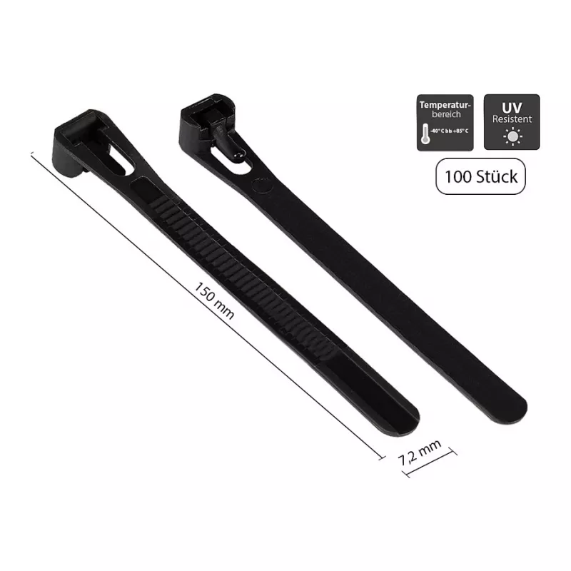 Brida reutilizable 150 mm x 7,2 mm, negra, resistente a los rayos UV, -40 °C a +85 °C, 100 unidades (KAB-R15S72)