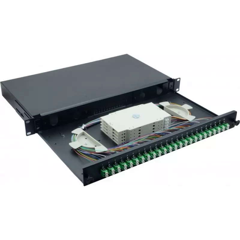 Helos 375555 caja de empalmes de fibra óptica de 19", 24x LC/APC Duplex OS2, lista para empalmar, negro