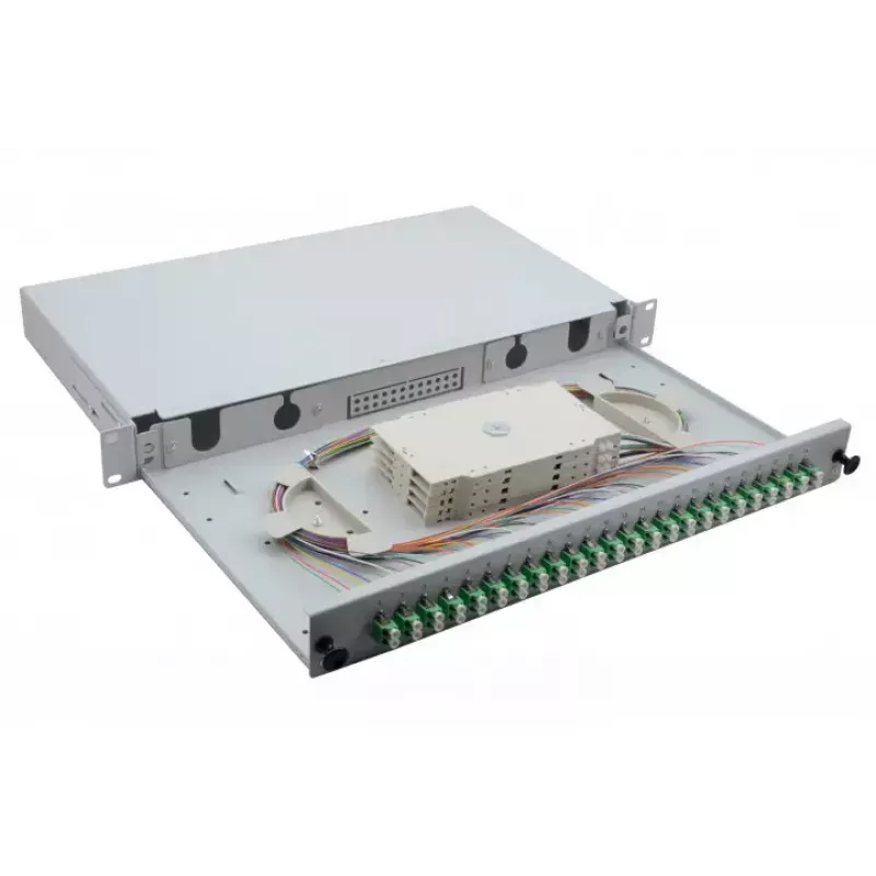 Helos 375554 caja de empalmes de fibra óptica de 19", 24x LC/APC Duplex OS2, lista para empalmar, gris