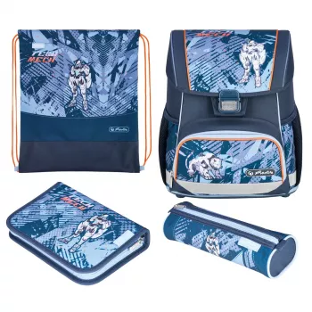 Set de mochila escolar HERLITZ Loop Plus TechMech para niños — poliéster, compuesto por mochila escolar, bolsa de deporte, estuche y plumier