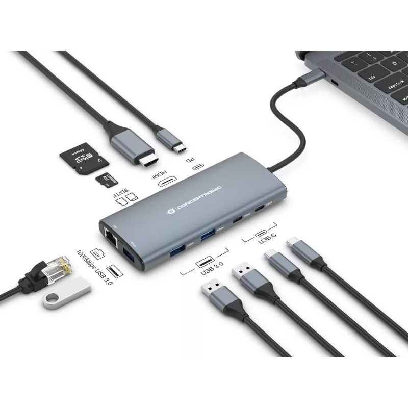 CONCEPTRONIC Dock 10 en 1 USB-C->HDMI/2xUSB-C/3xUSB-A/+ 20cm gr