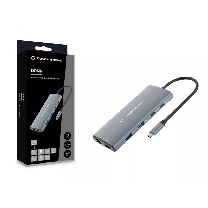 CONCEPTRONIC Dock 10 en 1 USB-C->HDMI/2xUSB-C/3xUSB-A/+ 20cm gr