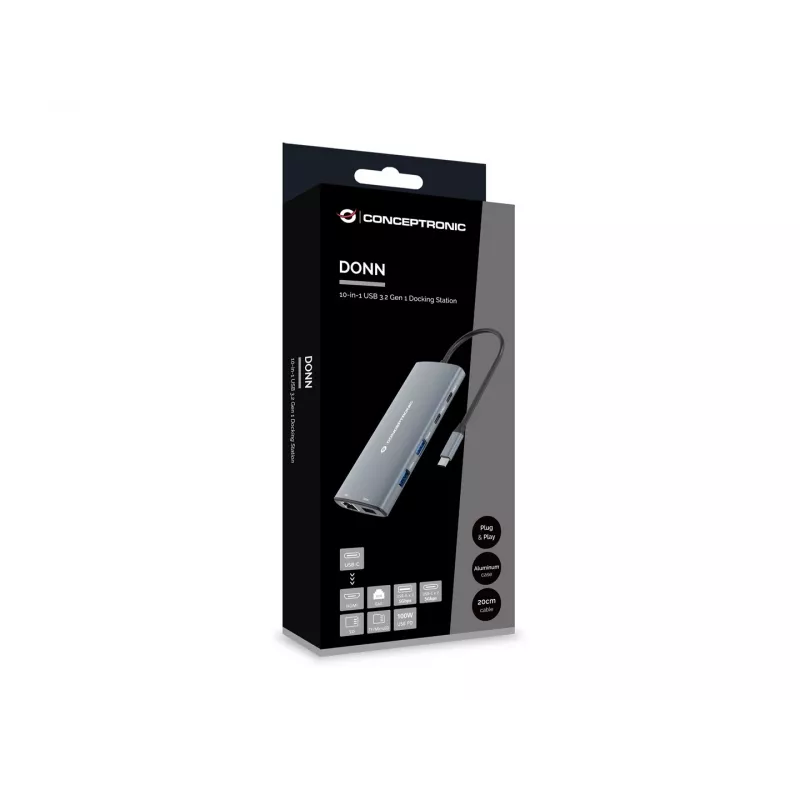 CONCEPTRONIC Dock 10 en 1 USB-C->HDMI/2xUSB-C/3xUSB-A/+ 20cm gr