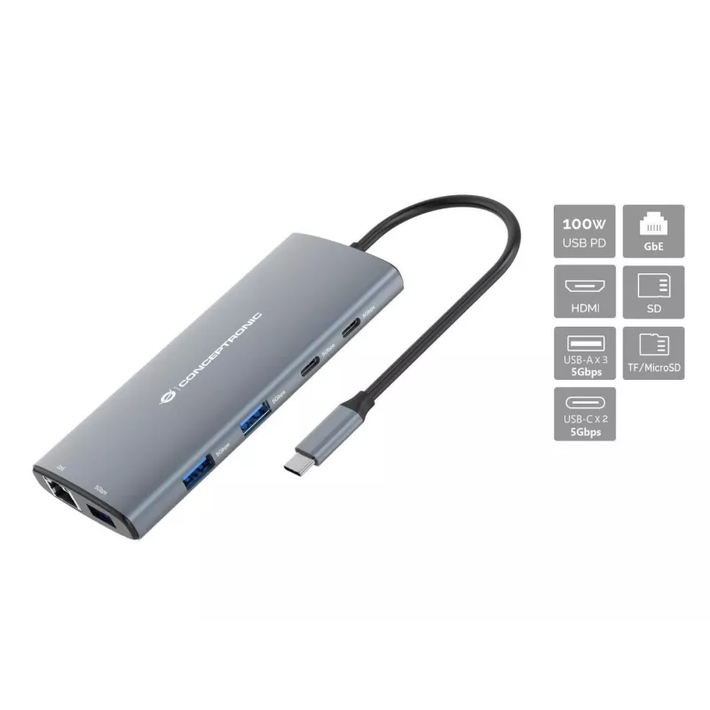 CONCEPTRONIC Dock 10 en 1 USB-C->HDMI/2xUSB-C/3xUSB-A/+ 20cm gr