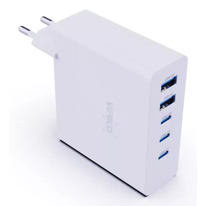 Cargador rápido Verico MOJO GaN 140W multipuerto USB-C y USB-A para portátiles, smartphones y tablets, Blanco