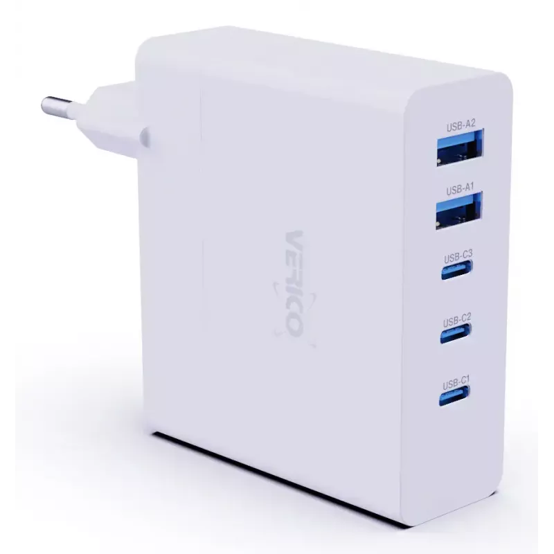 Cargador rápido Verico MOJO GaN 140W multipuerto USB-C y USB-A para portátiles, smartphones y tablets, Blanco