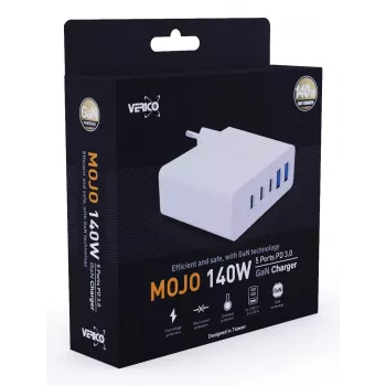 Cargador rápido Verico MOJO GaN 140W multipuerto USB-C y USB-A para portátiles, smartphones y tablets, Blanco