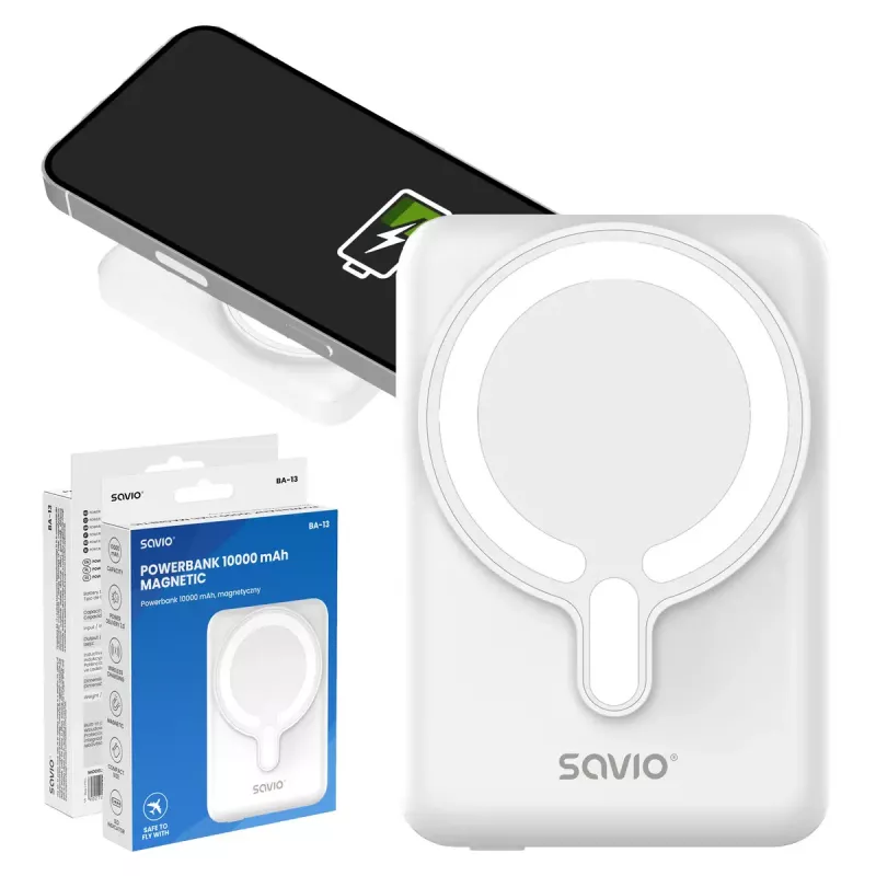 Batería externa SAVIO BA-13 10000 mAh con salida de 20 W y carga inalámbrica, blanca