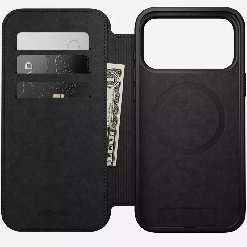 Funda para móvil de cuero Nomad Modern Leather Folio para iPhone 17 Pro Max (6,9 pulgadas) marrón, cuero/aluminio, 4 ranuras para tarjetas