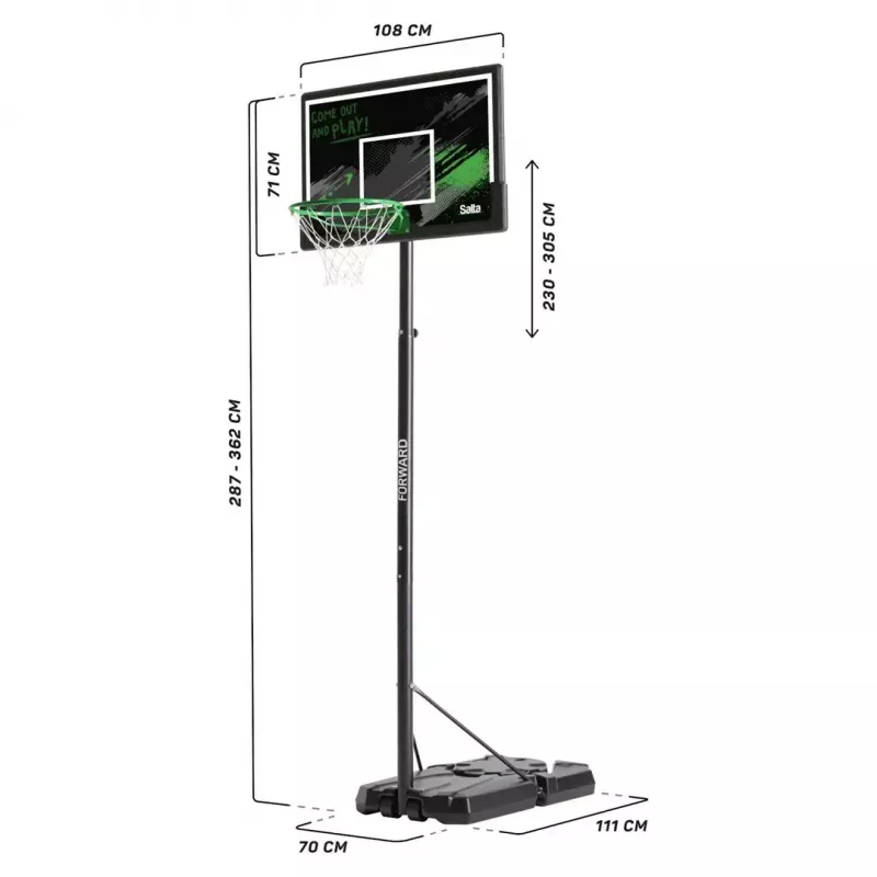 Canasta de baloncesto Salta Forward modelo 5132 para pared 110 x (287–362) x 175 cm