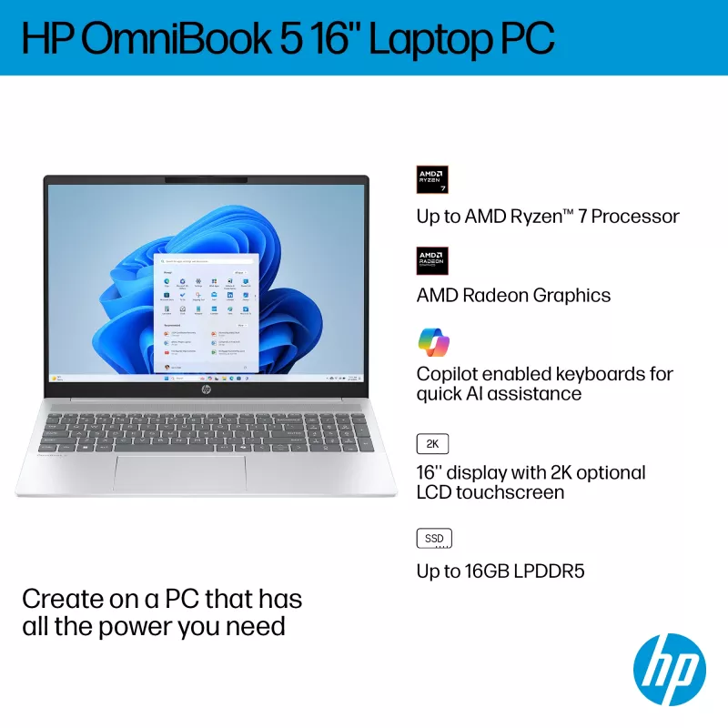 HP OmniBook 5 16-bc1002na AMD Ryzen™ 5 8540U Portátil 40,6 cm (16 pulgadas) pantalla táctil 2K 8 GB LPDDR5-SDRAM 512 GB SSD Wi-Fi 6 (802.11ax) Windows 11 Home plateado (reacondicionado)